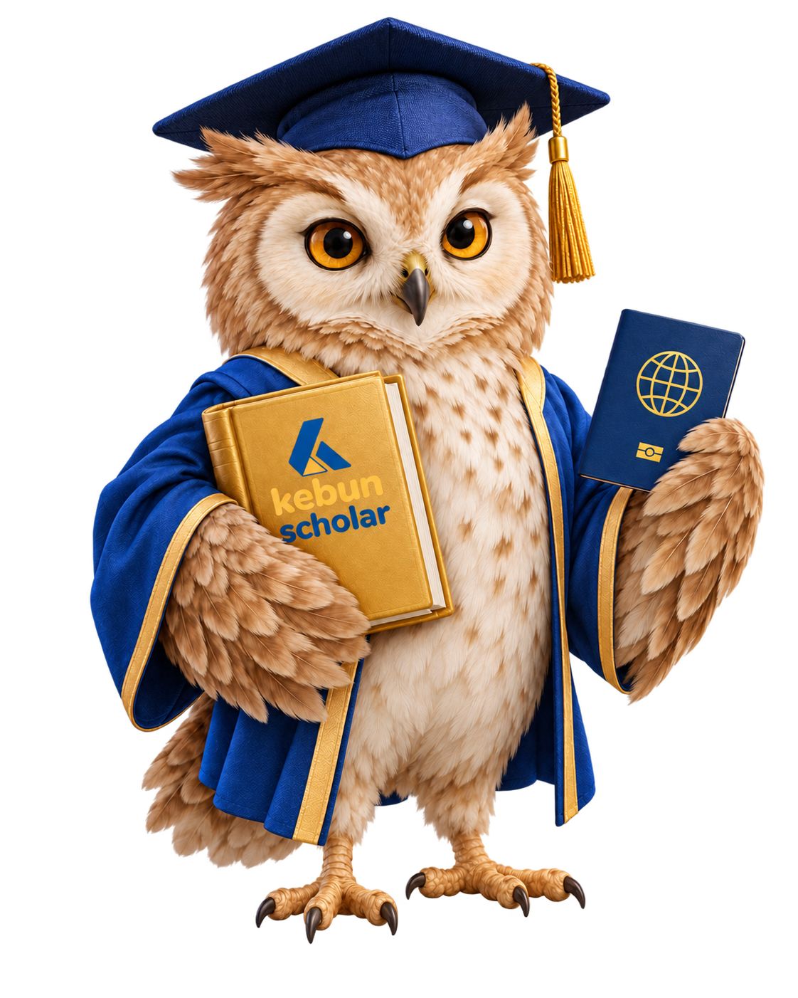 Kabby Owl wearing a graduation cap and blue gown, with eyes following your cursor